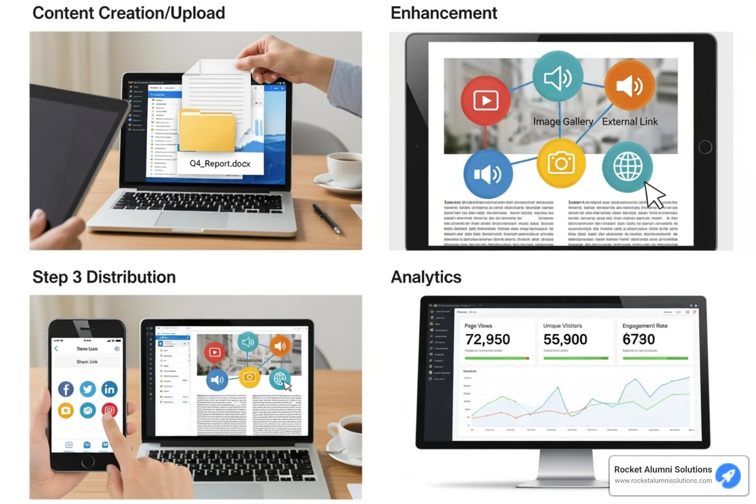 A four-step process for creating a virtual flip book: 1. Upload PDF, 2. Improve with interactive elements, 3. Publish and share, 4. Analyze engagement. - virtual flip book