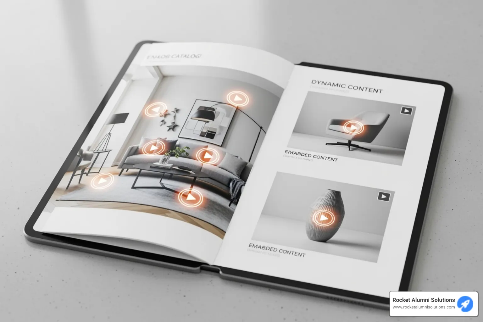 A digital catalog flipbook displayed on a tablet, showcasing interactive hotspots over product images and embedded video players, highlighting dynamic content engagement. - virtual flip book