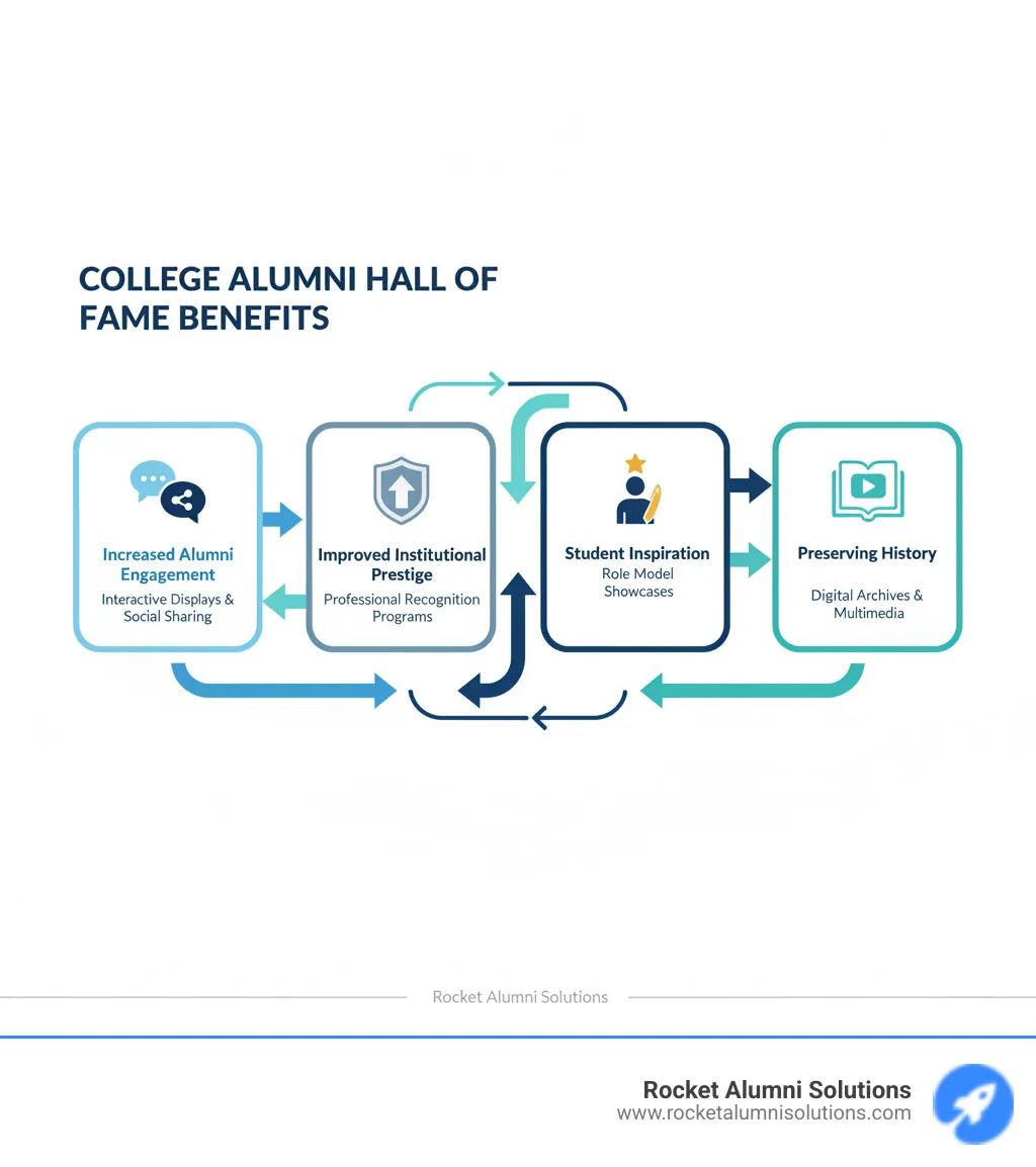 Infographic showing College Alumni Hall of Fame benefits: Increased Alumni Engagement through interactive displays and social sharing, Improved Institutional Prestige via professional recognition programs, Student Inspiration from role model showcases, and Preserving History through digital archives and multimedia content - College Alumni Hall of Fame infographic