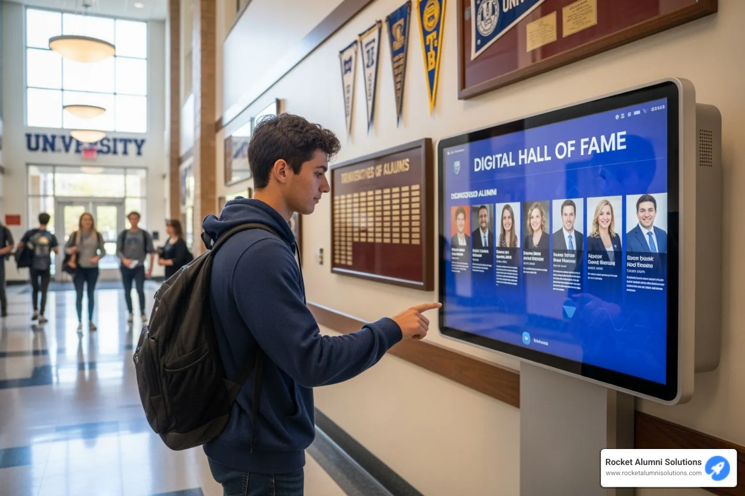 Student interacting with a touchscreen hall of fame kiosk - College Alumni Hall of Fame