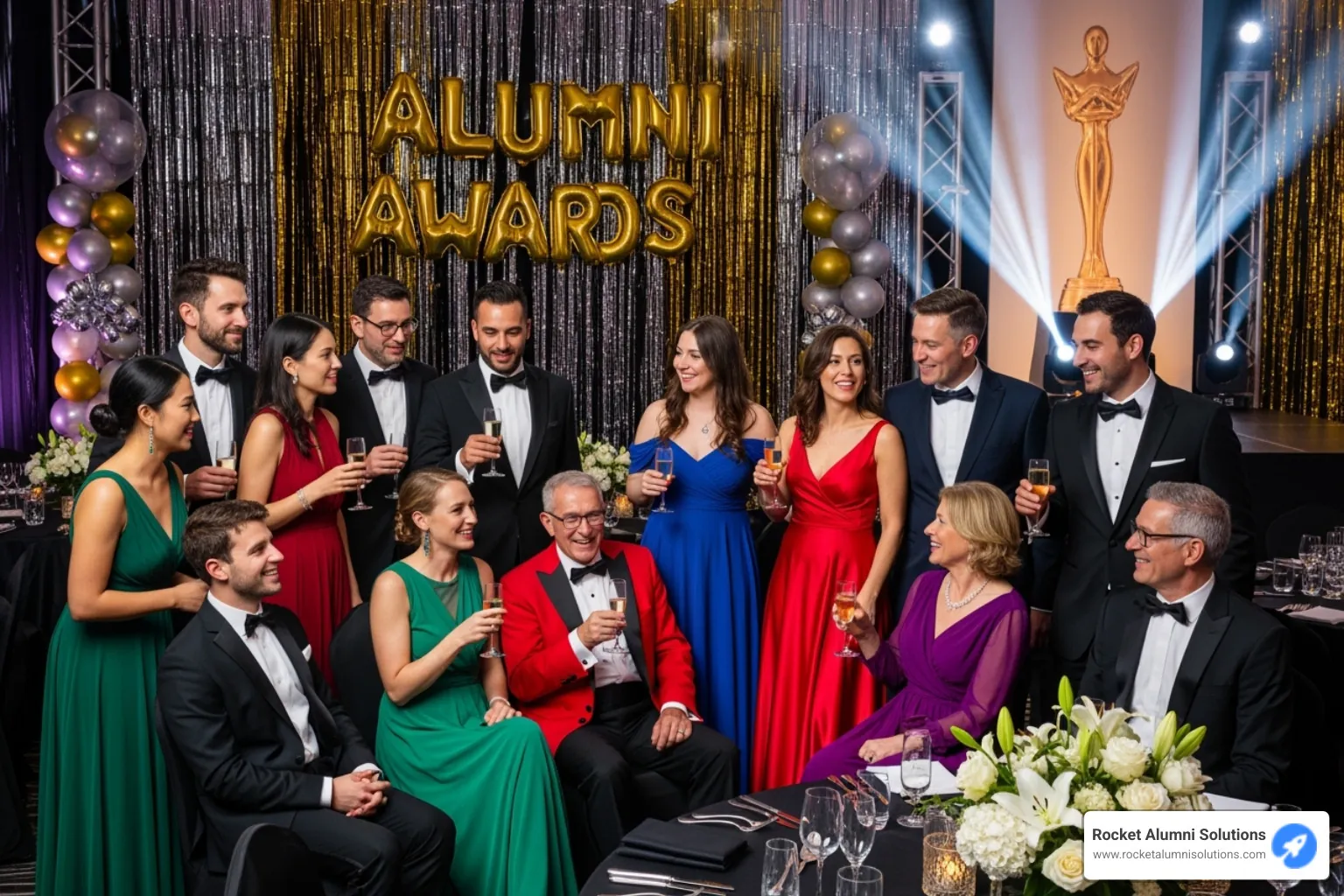 A diverse group of smiling alumni at an awards gala - College Alumni Hall of Fame