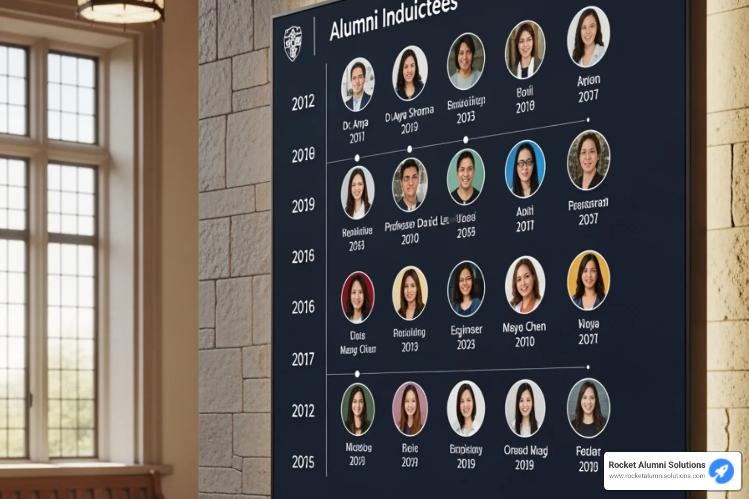 Timeline of inductees on a digital display - College Alumni Hall of Fame