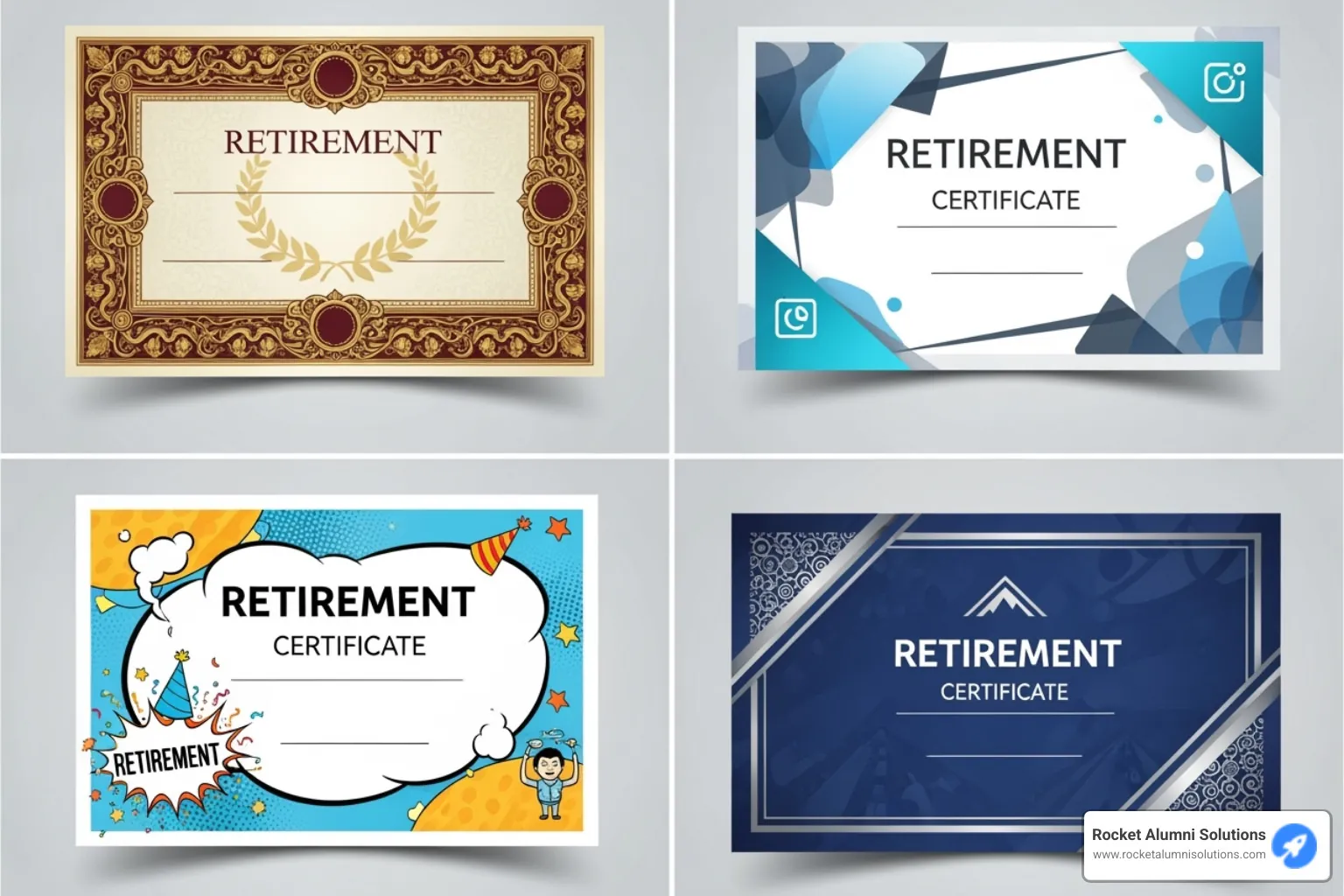 A collage showcasing various retirement certificate styles (formal, modern, humorous) - certificate of appreciation retirement sample