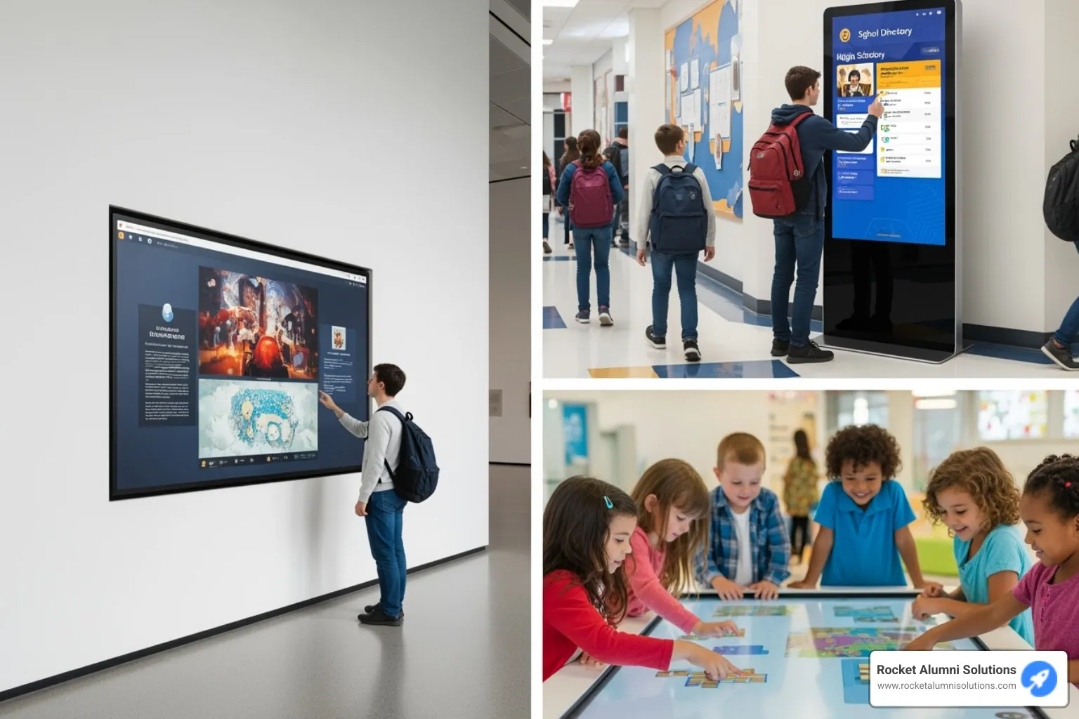 A collage of different touchscreen hardware setups including a sleek wall-mounted display in a museum, a standalone interactive kiosk in a school hallway, and an interactive table being used by several children. - Digital Historical Touchscreen