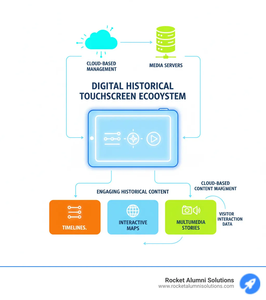 Infographic showing the ecosystem of a Digital Historical Touchscreen, illustrating how a large interactive display connects to cloud-based content management, media servers, and delivers engaging historical content like timelines, maps, and multimedia to visitors. - Digital Historical Touchscreen infographic