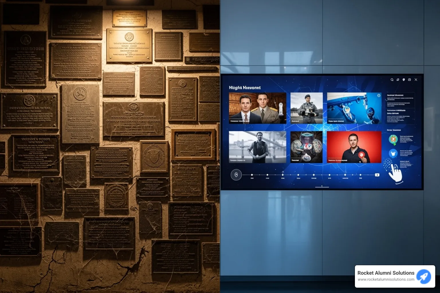 A split image showing a 'before' with a dusty, crowded wall of traditional plaques and an 'after' with a vibrant, modern interactive digital display showcasing historical achievements with photos and videos. - Digital Historical Touchscreen