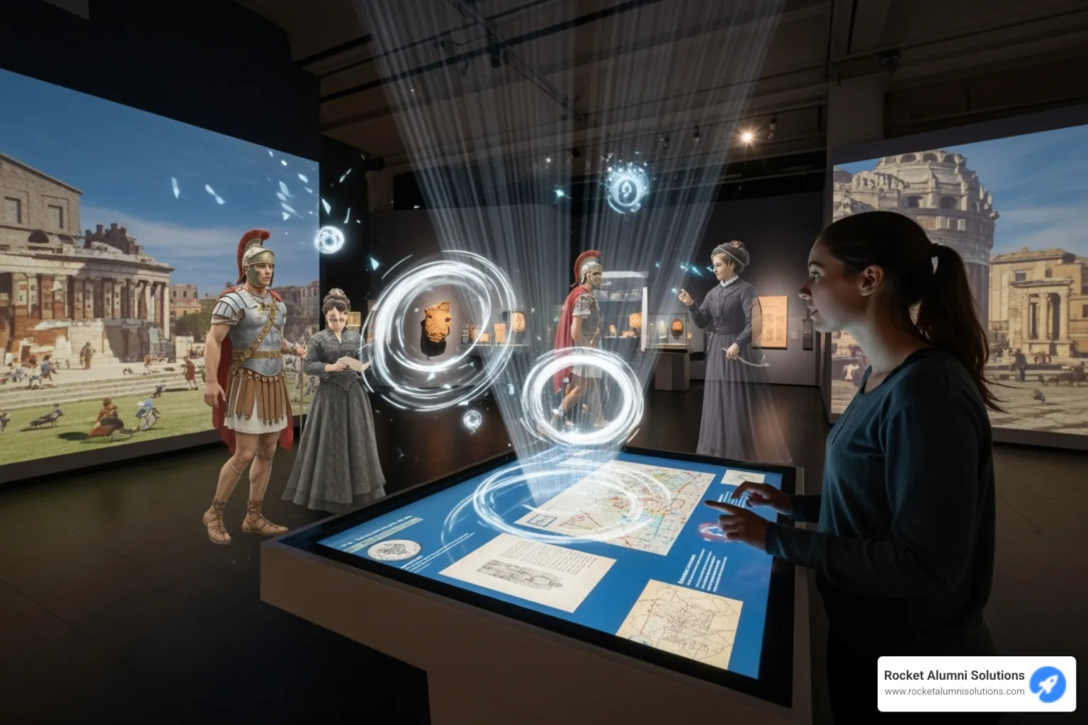 An illustration depicting a museum visitor interacting with a large digital historical touchscreen, with elements of augmented reality projecting historical figures and scenes onto the physical space around the screen. - Digital Historical Touchscreen