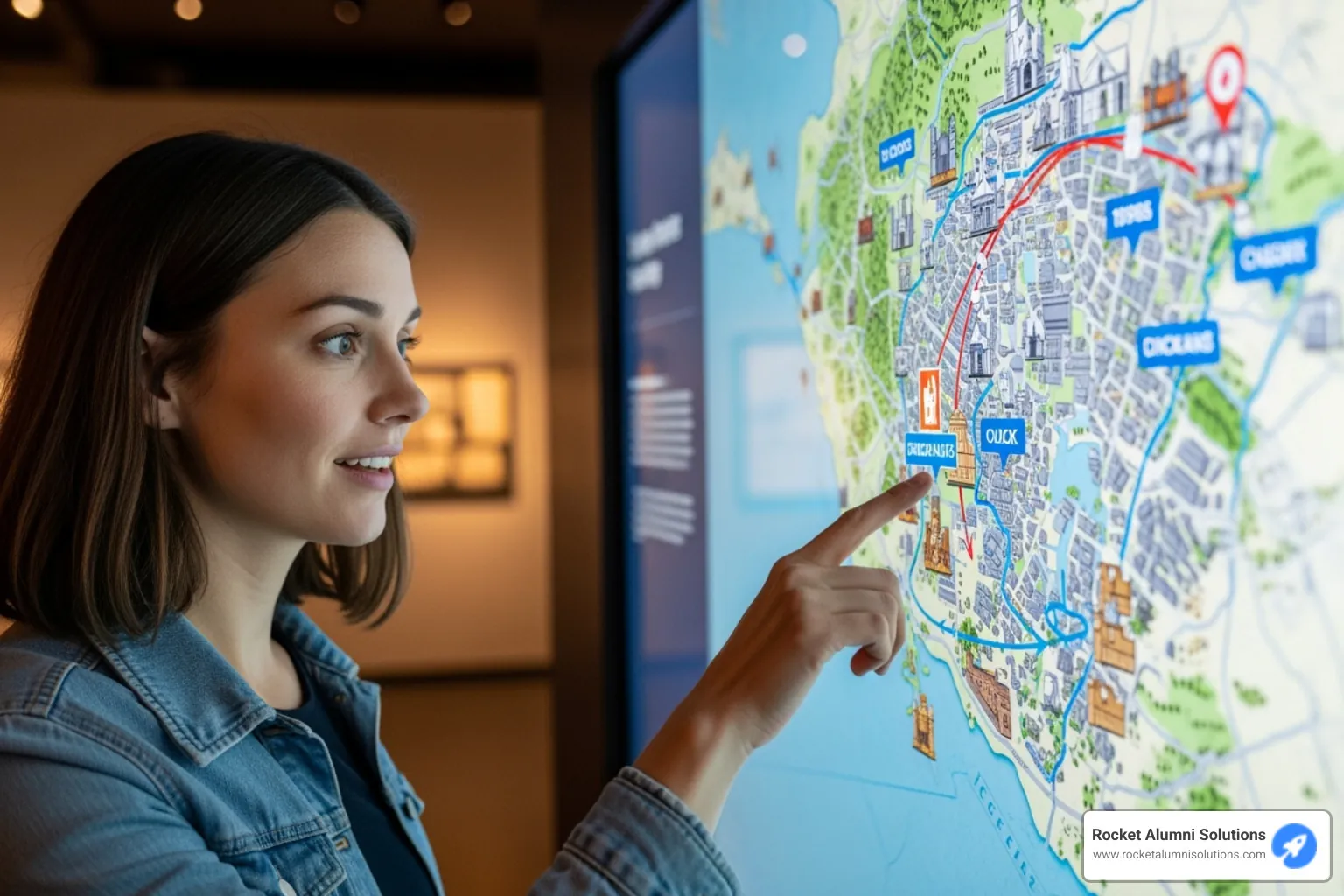 A museum visitor, with a look of fascination, interacting with a large, wall-mounted touchscreen display that shows a detailed historical map with animated overlays and clickable points of interest. - Digital Historical Touchscreen