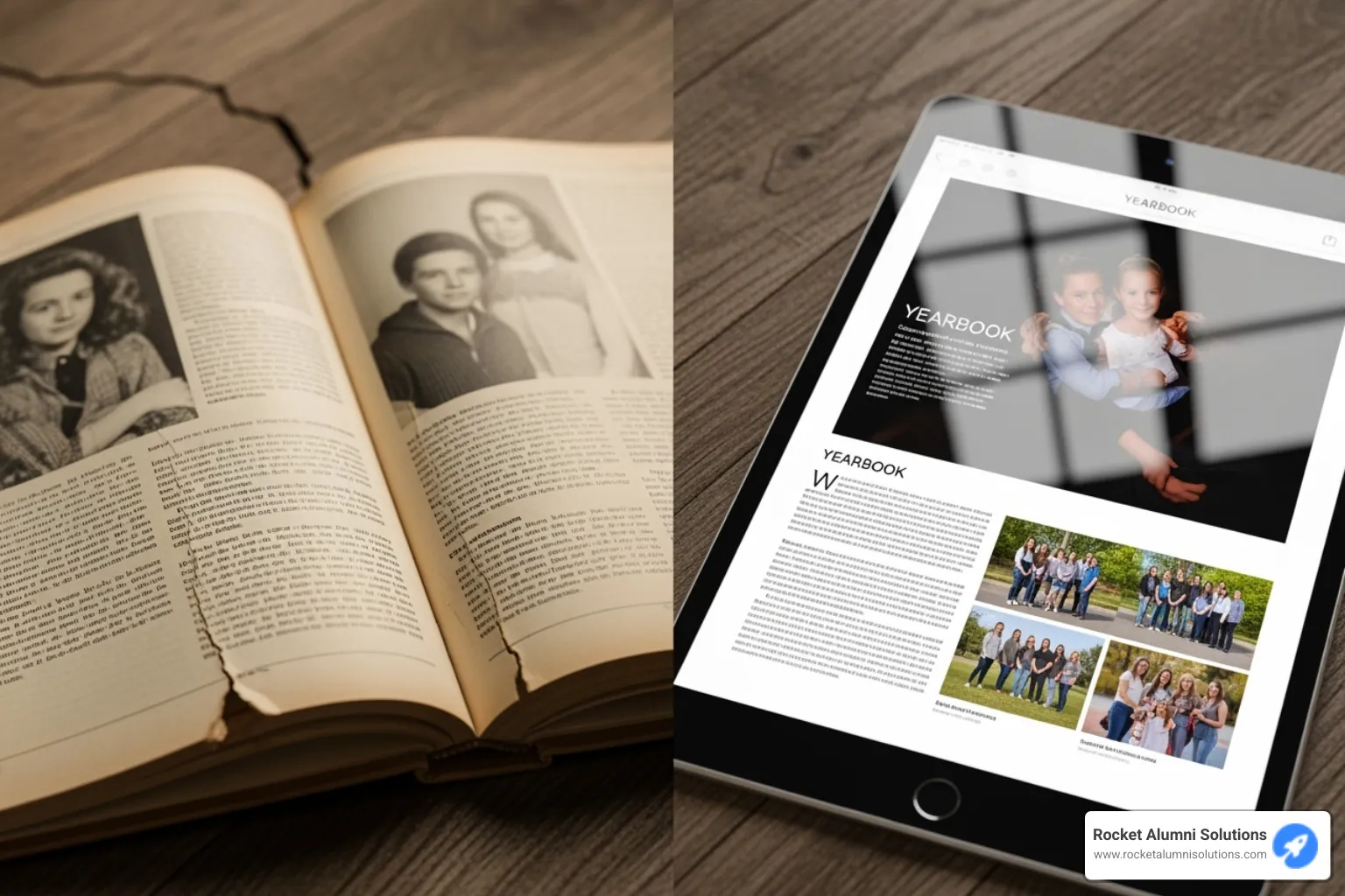 A split image showing a worn, yellowed physical yearbook on one side and a brightly lit, clear digital yearbook page on a tablet screen on the other - digital yearbook Boston