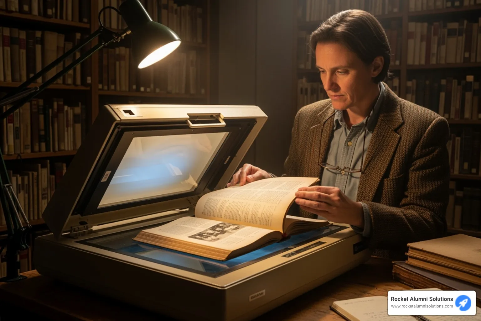 A librarian carefully scanning an old yearbook page in a dimly lit archive room, emphasizing the meticulous process of digitization - digital yearbook Boston
