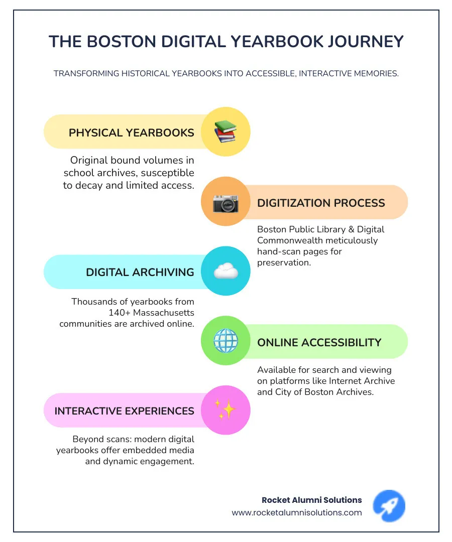 Infographic showing the complete process of Boston yearbook digitization: from physical yearbooks in school archives, through scanning and digital preservation by Boston Public Library and Digital Commonwealth, to final online access via Internet Archive and specialized platforms, with icons representing each step and major institutions involved - digital yearbook Boston infographic infographic-line-5-steps-colors