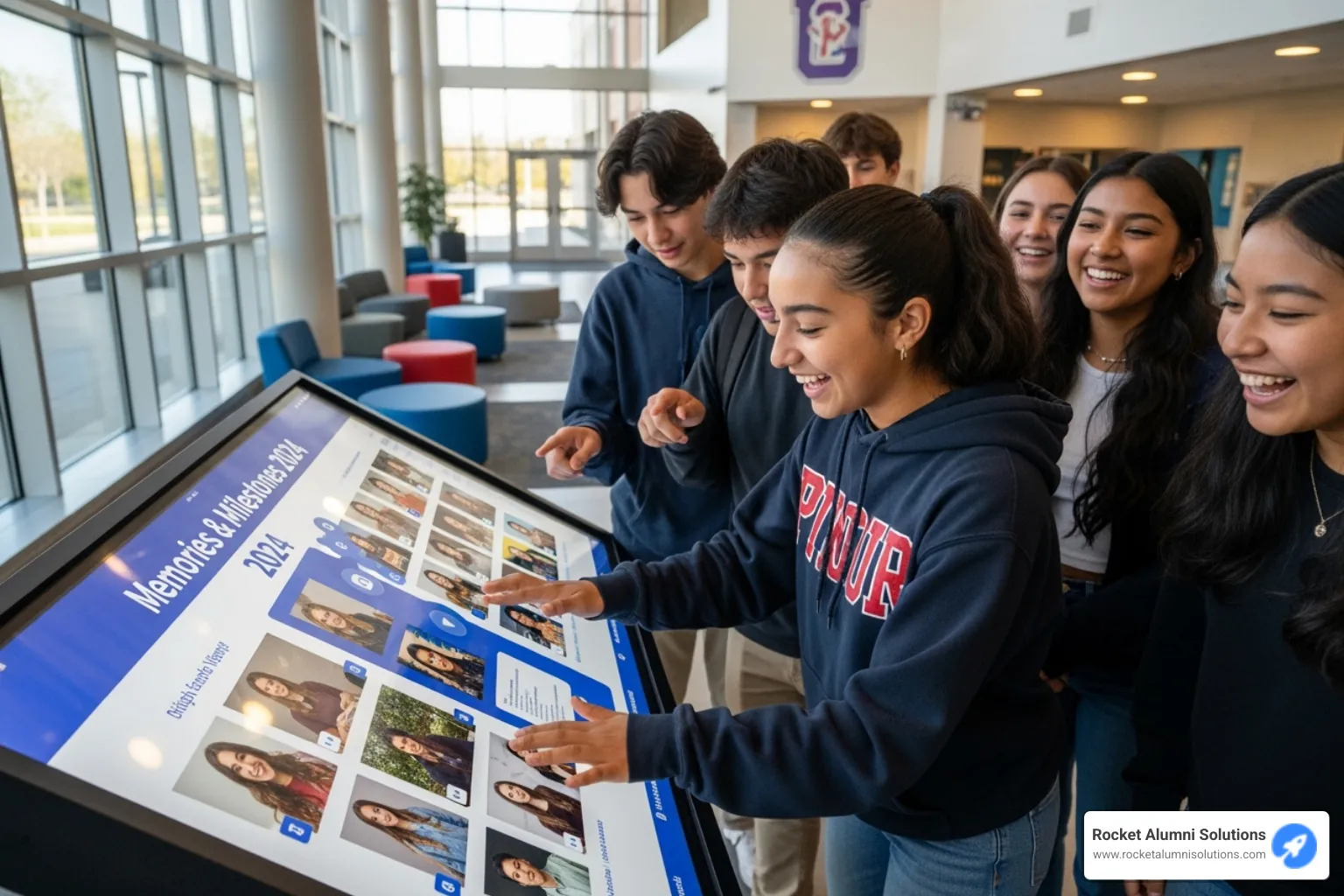 A student enthusiastically interacting with a large, vibrant touchscreen display showcasing a digital yearbook, with other students in the background observing - digital yearbook Boston