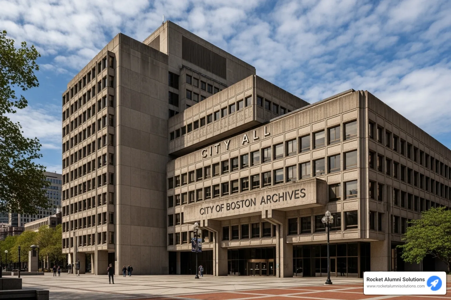 The grand exterior of the Boston City Hall, home to the City of Boston Archives, with a clear sign indicating the building's purpose - digital yearbook Boston