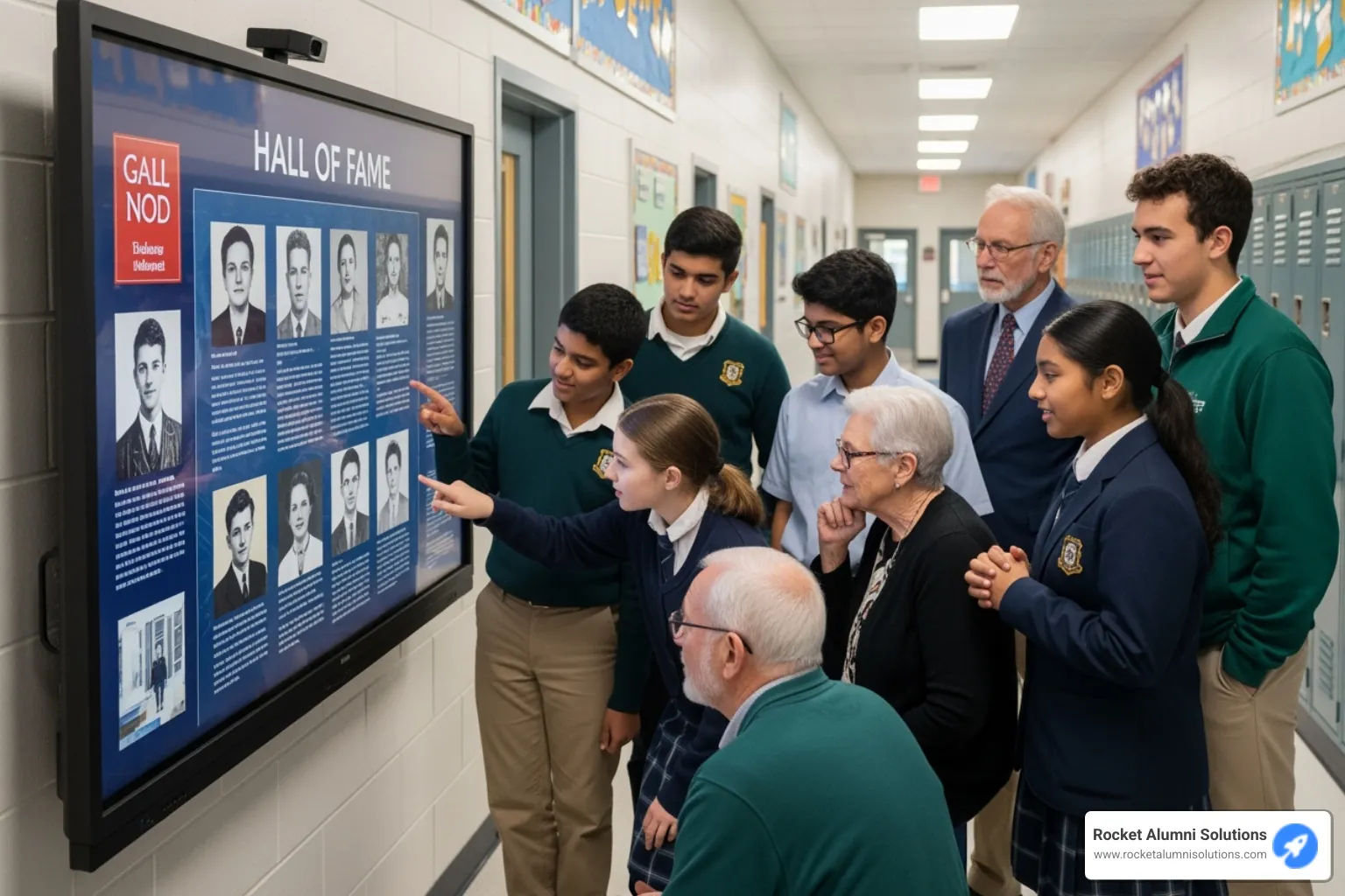 Students and alumni gathered around an interactive hall of fame display - Time Capsule Touchscreen Students and alumni gathered around an interactive hall of fame display - Time Capsule Touchscreen