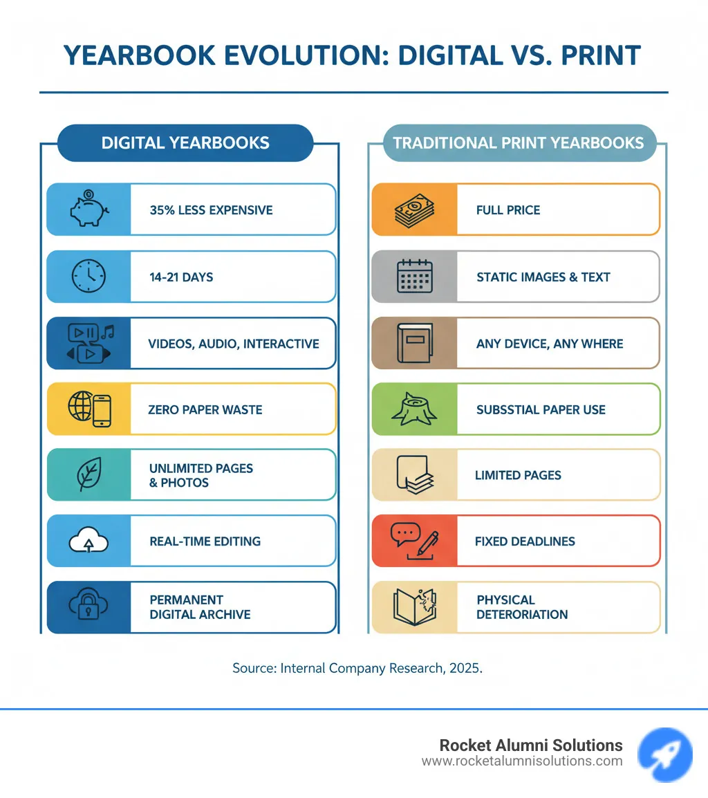Comprehensive comparison infographic showing online digital yearbooks versus traditional print yearbooks, highlighting key differences in cost savings (35% less expensive), delivery time (14-21 days vs months), multimedia capabilities (videos, audio, interactive elements), accessibility (any device, anywhere), environmental impact (zero paper waste), storage capacity (unlimited pages and photos), collaboration features (real-time editing), and long-term preservation (permanent digital archive vs physical deterioration) - online digital yearbooks infographic