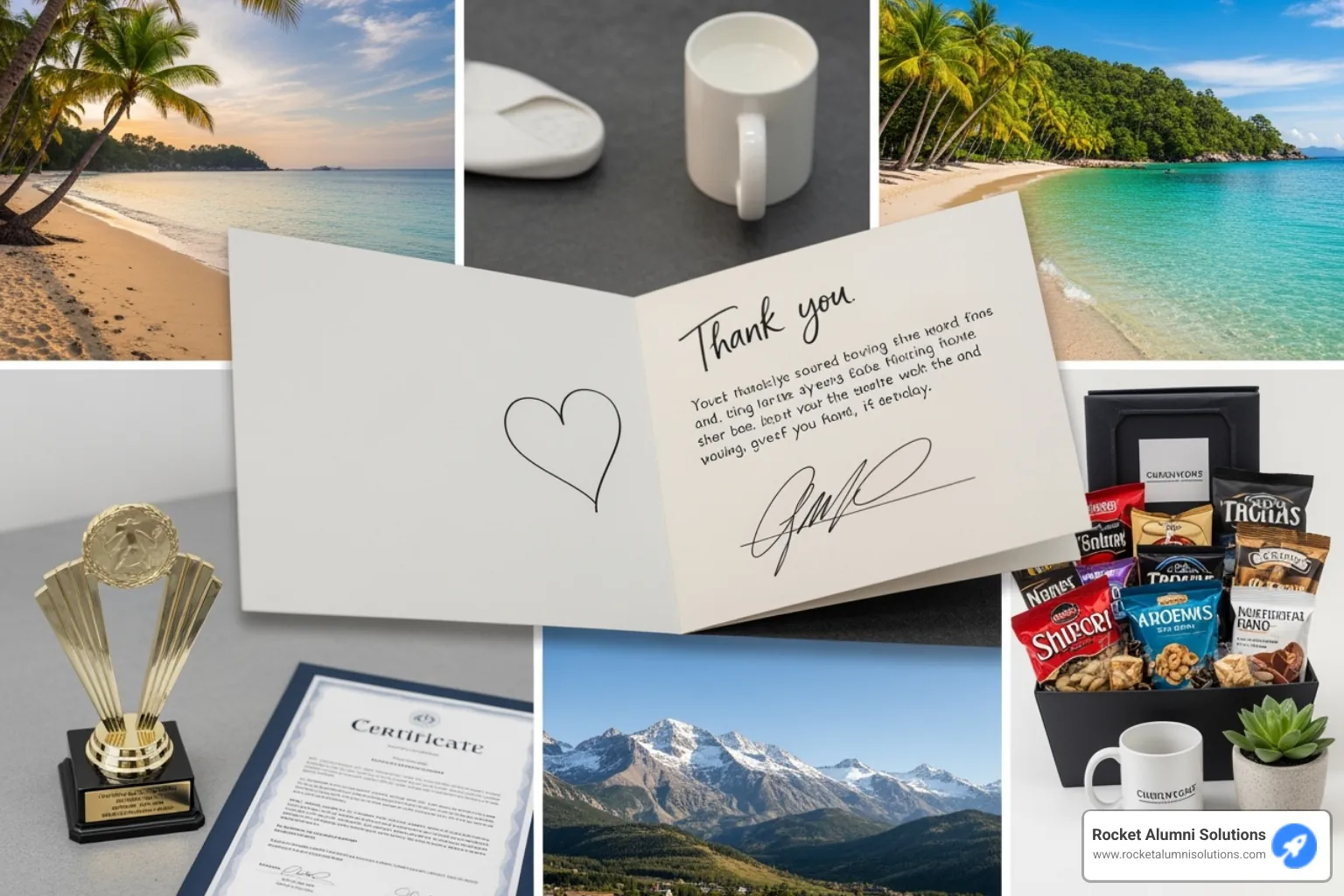 A collage showing different types of rewards, from a simple thank-you card to a travel photo - Recognition program ideas A collage showing different types of rewards, from a simple thank-you card to a travel photo - Recognition program ideas