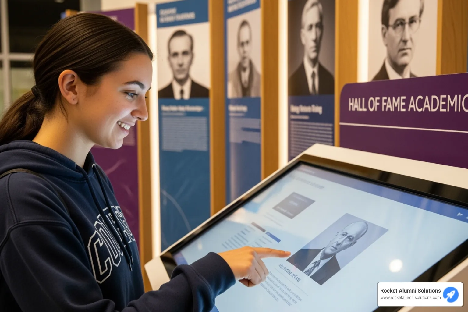 A student interacting with a Hall of Fame Academics Touchscreen, smiling - Hall of Fame Academics Touchscreen