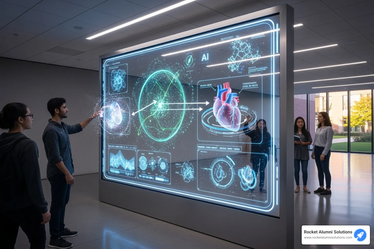 Future concept of an interactive academic display with AI and AR elements - Hall of Fame Academics Touchscreen