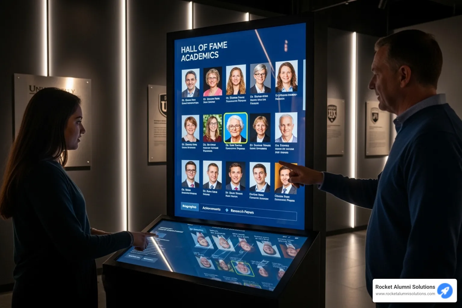 Touchscreen display showing a school's custom branding, colors, and logo - Hall of Fame Academics Touchscreen