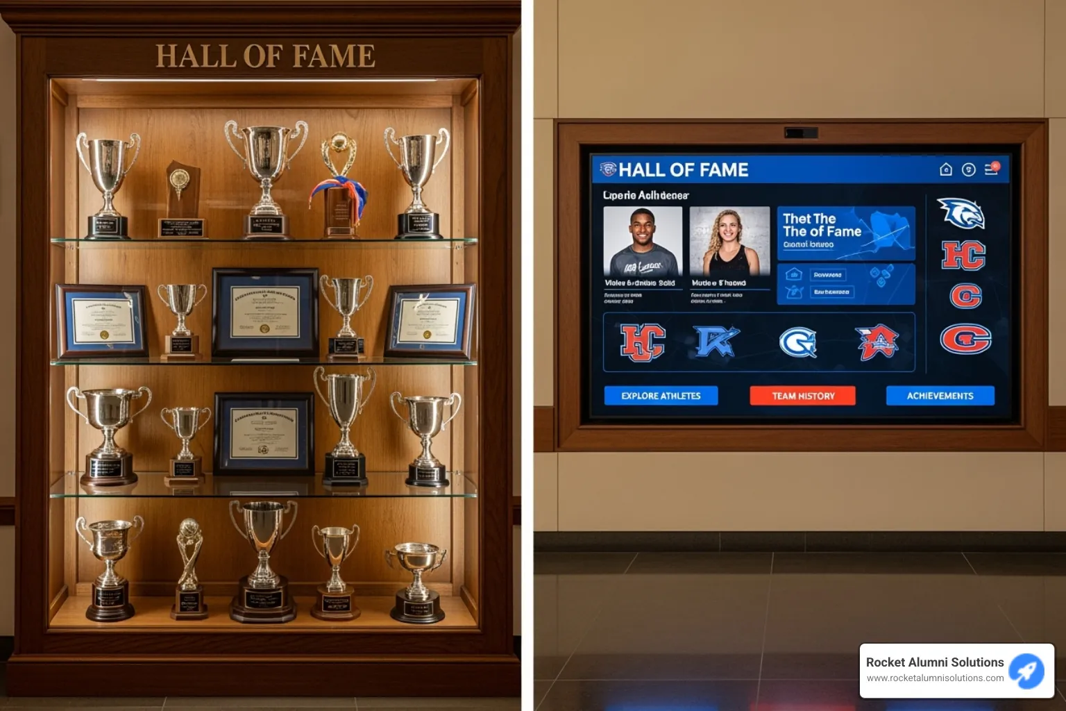 comparing a static trophy case to a dynamic touchscreen display - College Athletics Hall of Fame