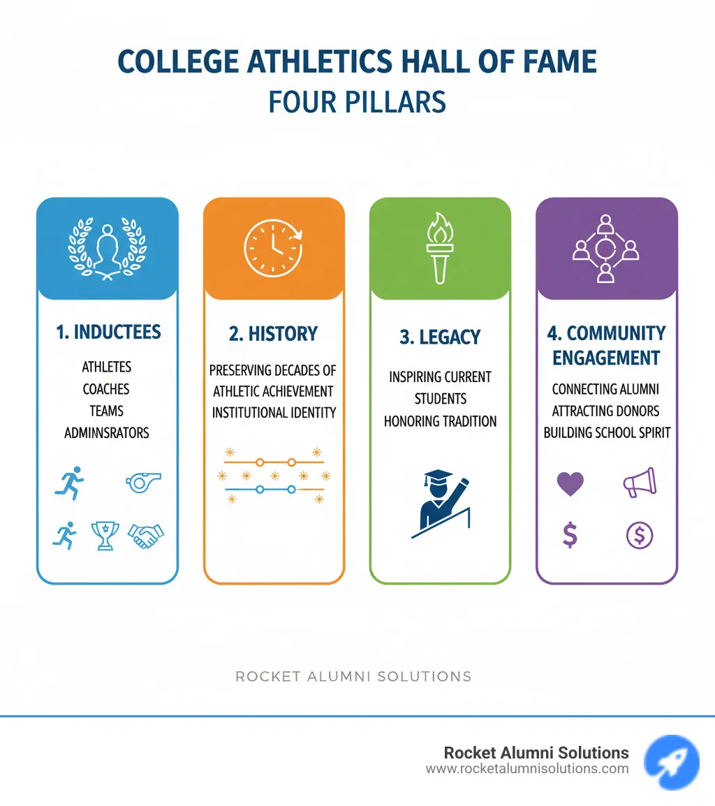 Infographic showing the four pillars of a College Athletics Hall of Fame: 1) Inductees (athletes, coaches, teams, administrators), 2) History (preserving decades of athletic achievement and institutional identity), 3) Legacy (inspiring current students and honoring tradition), and 4) Community Engagement (connecting alumni, attracting donors, and building school spirit through recognition) - College Athletics Hall of Fame infographic