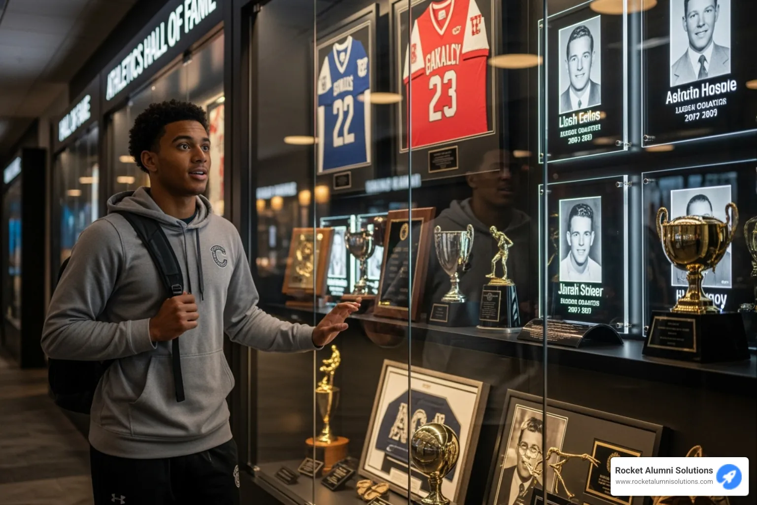 a current student-athlete looking at a hall of fame display - College Athletics Hall of Fame