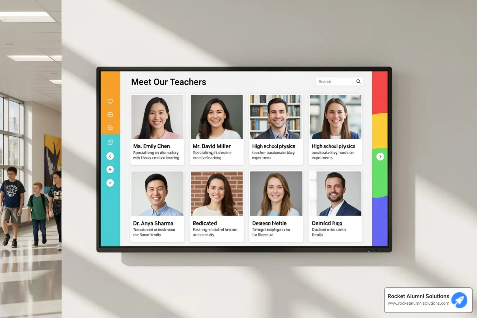A beautifully designed Rocket Alumni Solutions touchscreen homepage showcasing multiple teacher profiles - Teacher Spotlight Touchscreen A beautifully designed Rocket Alumni Solutions touchscreen homepage showcasing multiple teacher profiles - Teacher Spotlight Touchscreen