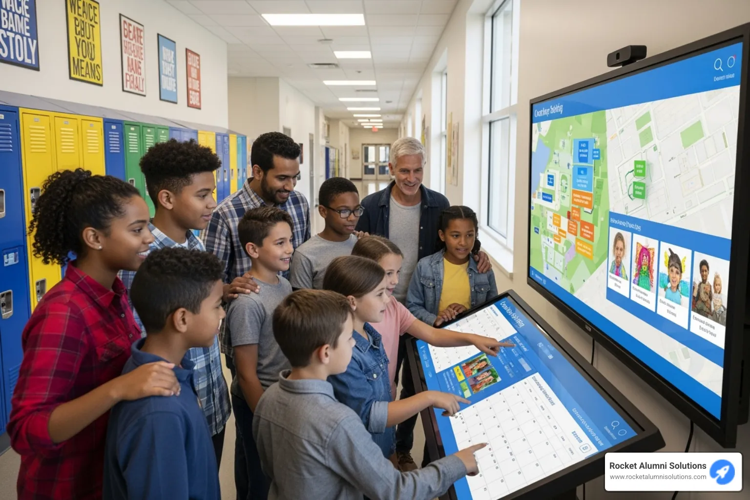 Students and parents interacting with a Rocket Alumni Solutions touchscreen display - Teacher Spotlight Touchscreen Students and parents interacting with a Rocket Alumni Solutions touchscreen display - Teacher Spotlight Touchscreen