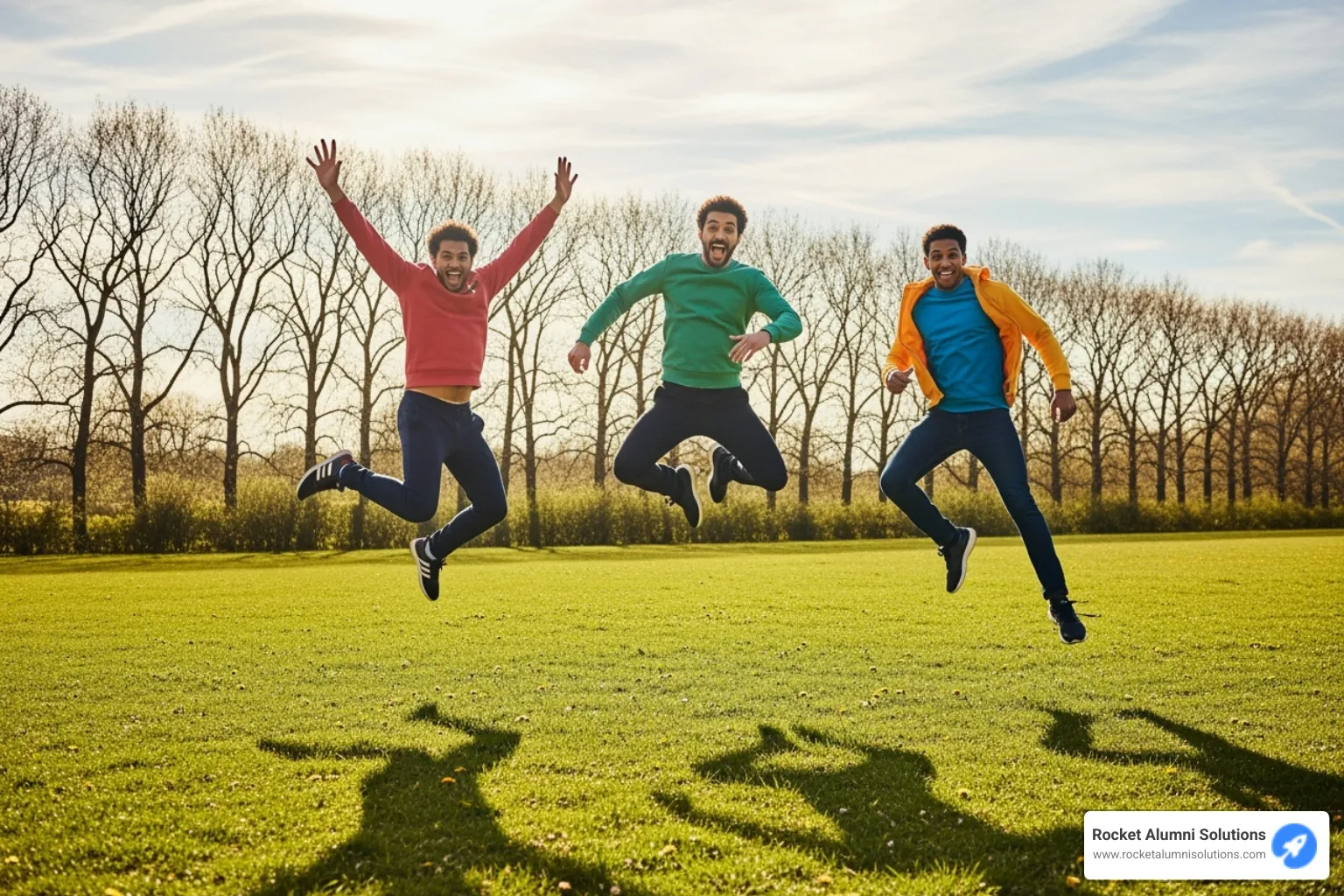 photo of three men jumping on ground near bare trees during daytime - College life memories