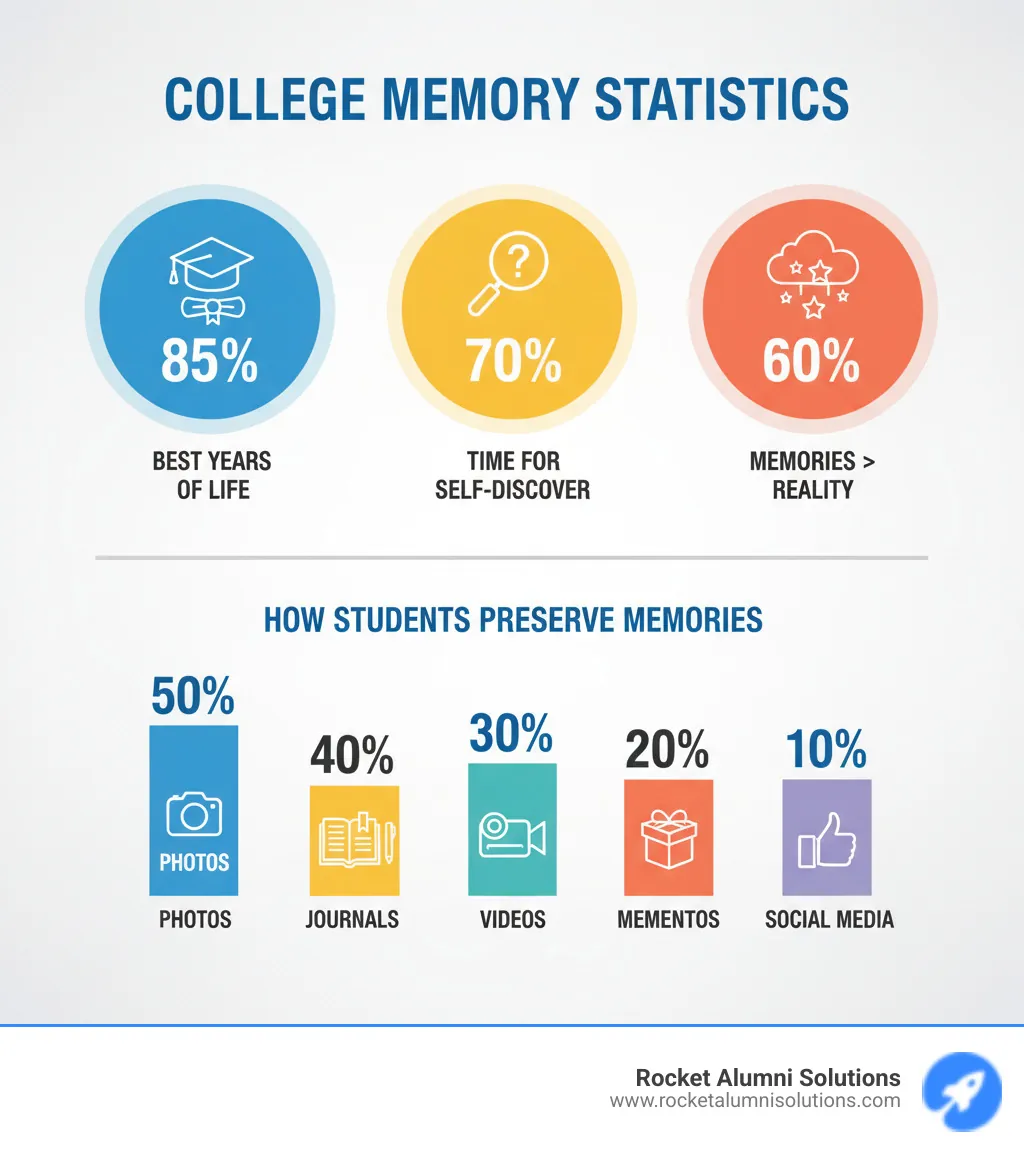 Infographic showing college memory statistics: 85% report college as best years of life, 70% believe it's time for self-findy, 60% say memories are more beautiful than reality, with breakdown of how students preserve memories through photos (50%), journals (40%), videos (30%), mementos (20%), and social media (10%) - College life memories infographic