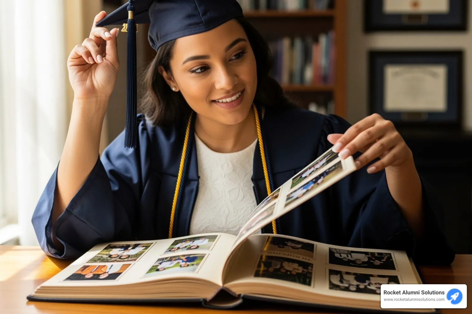 graduate looking thoughtfully at a photo album - College life memories
