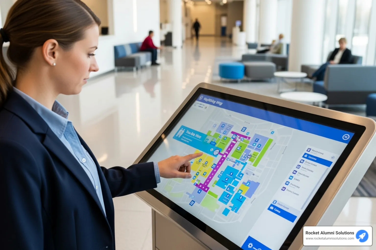 Interactive wayfinding map on a touchscreen kiosk in a hospital lobby - Building Directory Touchscreen Display Interactive wayfinding map on a touchscreen kiosk in a hospital lobby - Building Directory Touchscreen Display
