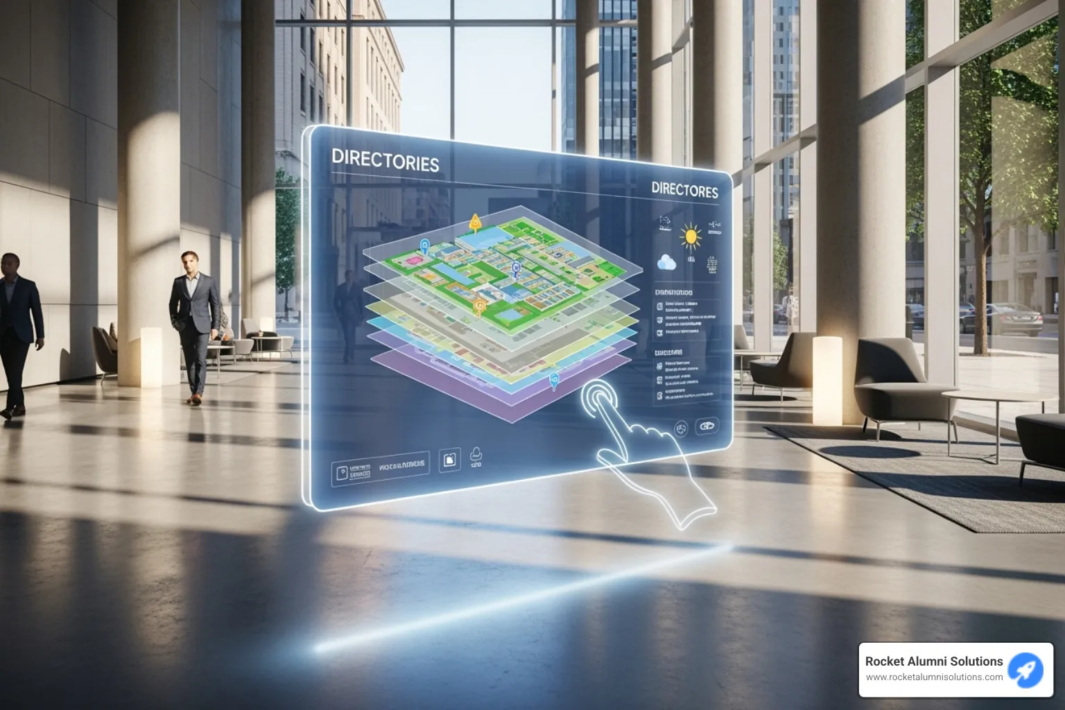 Futuristic touchless directory interface with gesture controls - Building Directory Touchscreen Display Futuristic touchless directory interface with gesture controls - Building Directory Touchscreen Display