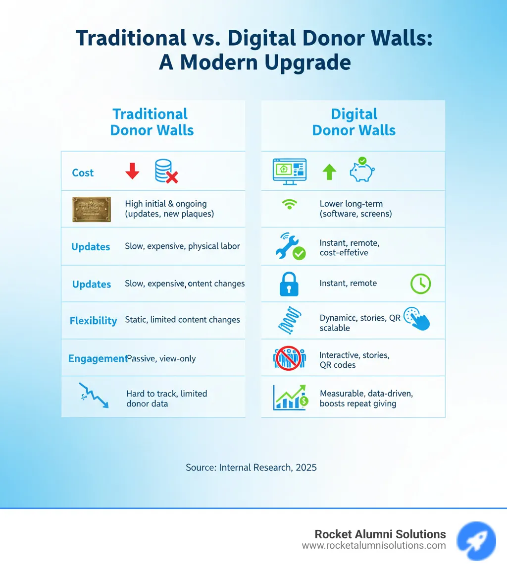 Table comparing Traditional and Digital Donor Walls on factors like Cost, Updates, Flexibility, Engagement, and ROI - Digital donor wall infographic