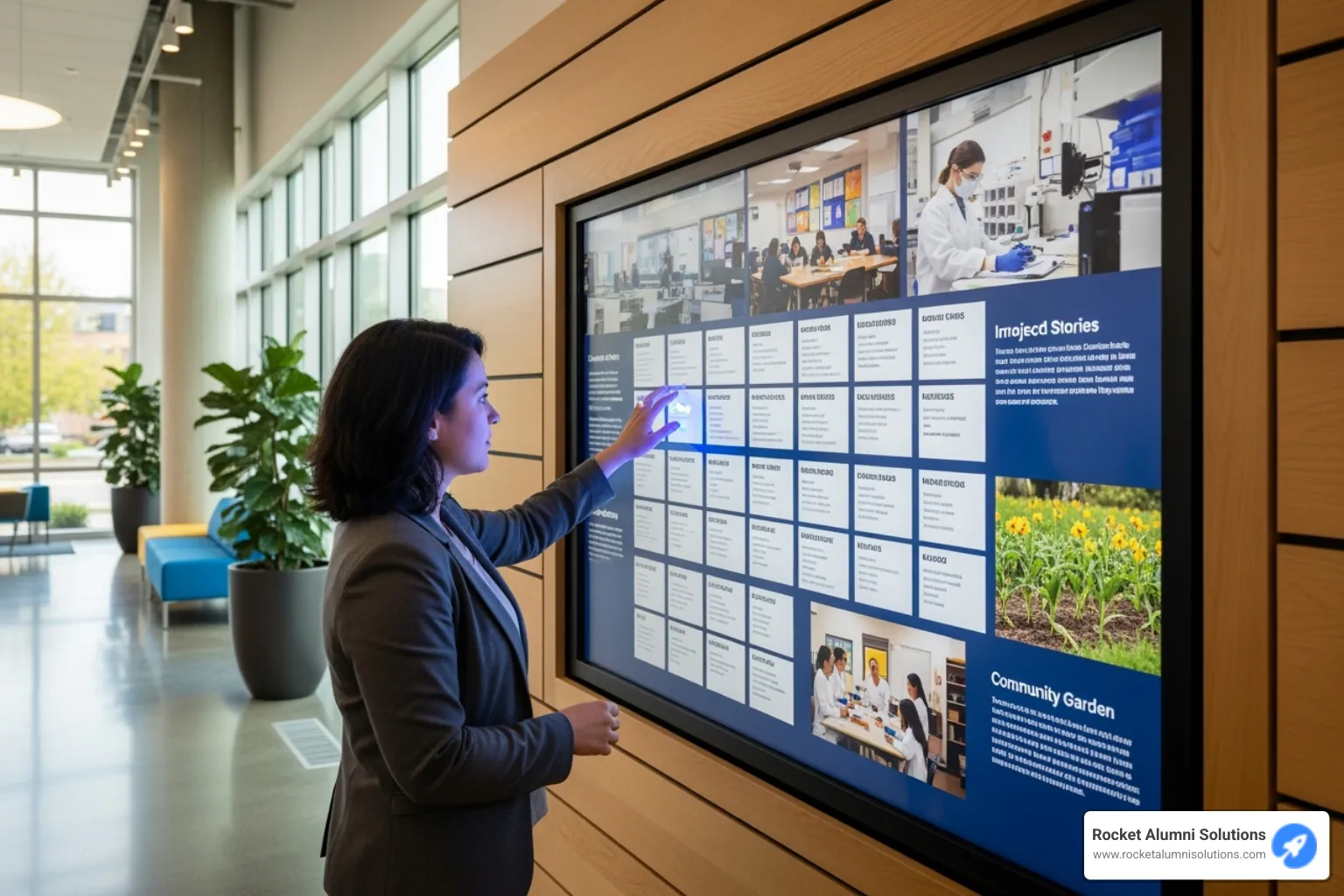 Image of a user interacting with a touchscreen donor wall - Digital donor wall