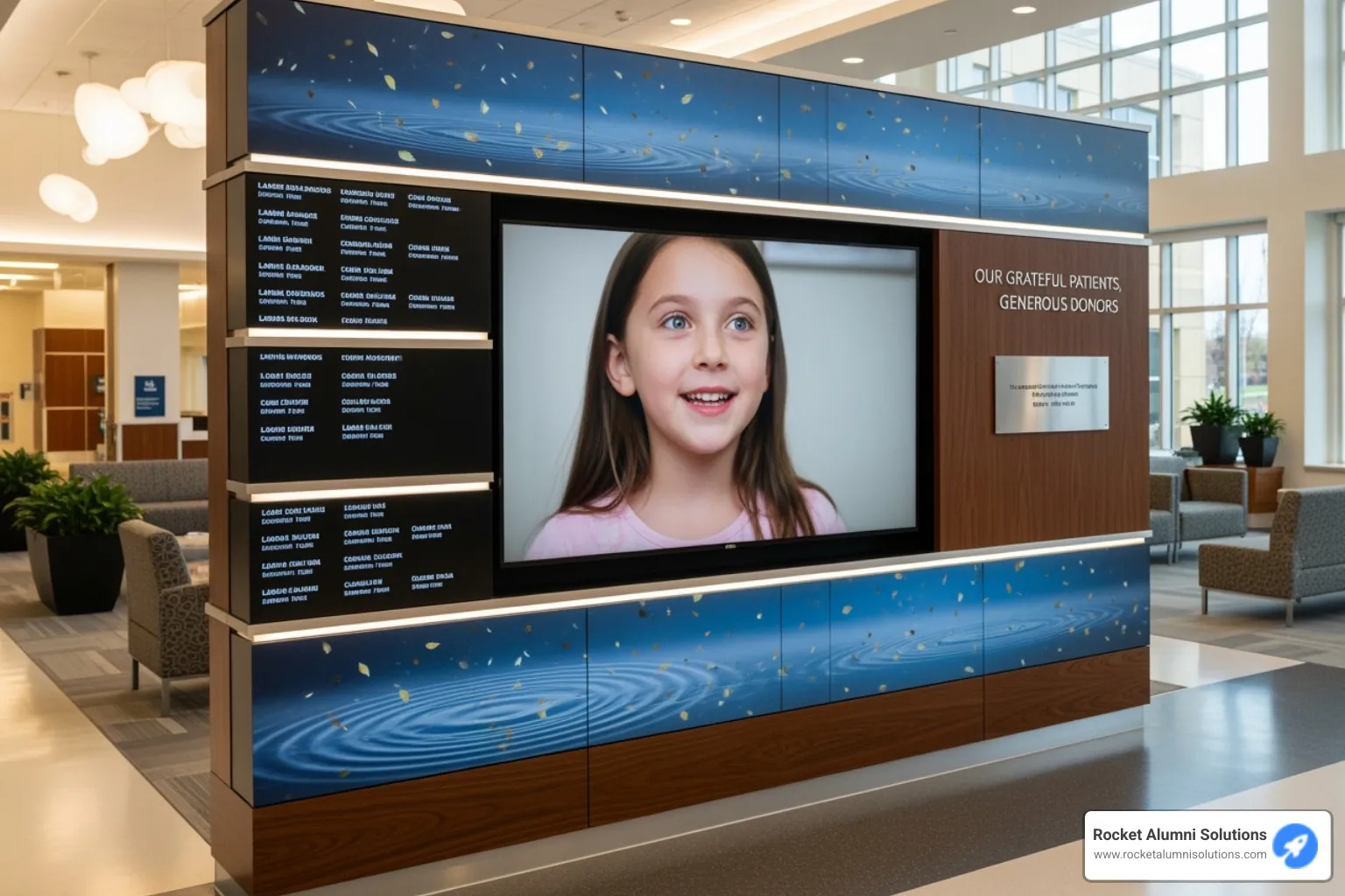 Image of a hospital digital donor wall showcasing a patient story video - Digital donor wall