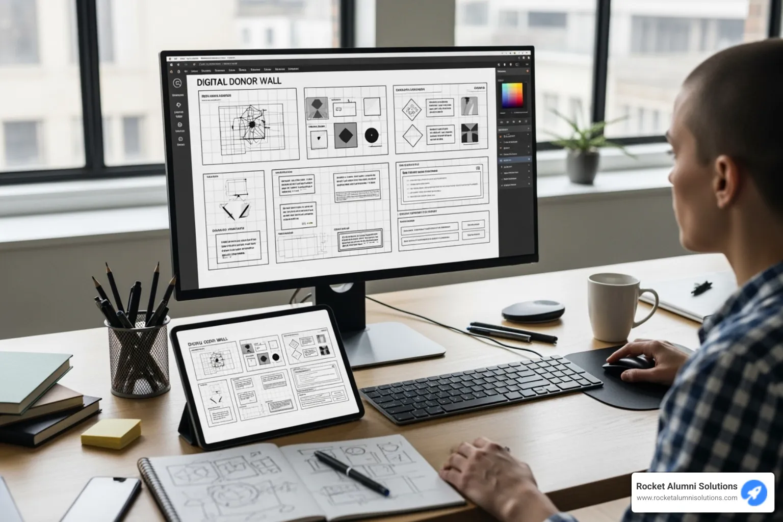 Image of a designer wireframing a digital donor wall layout - Digital donor wall