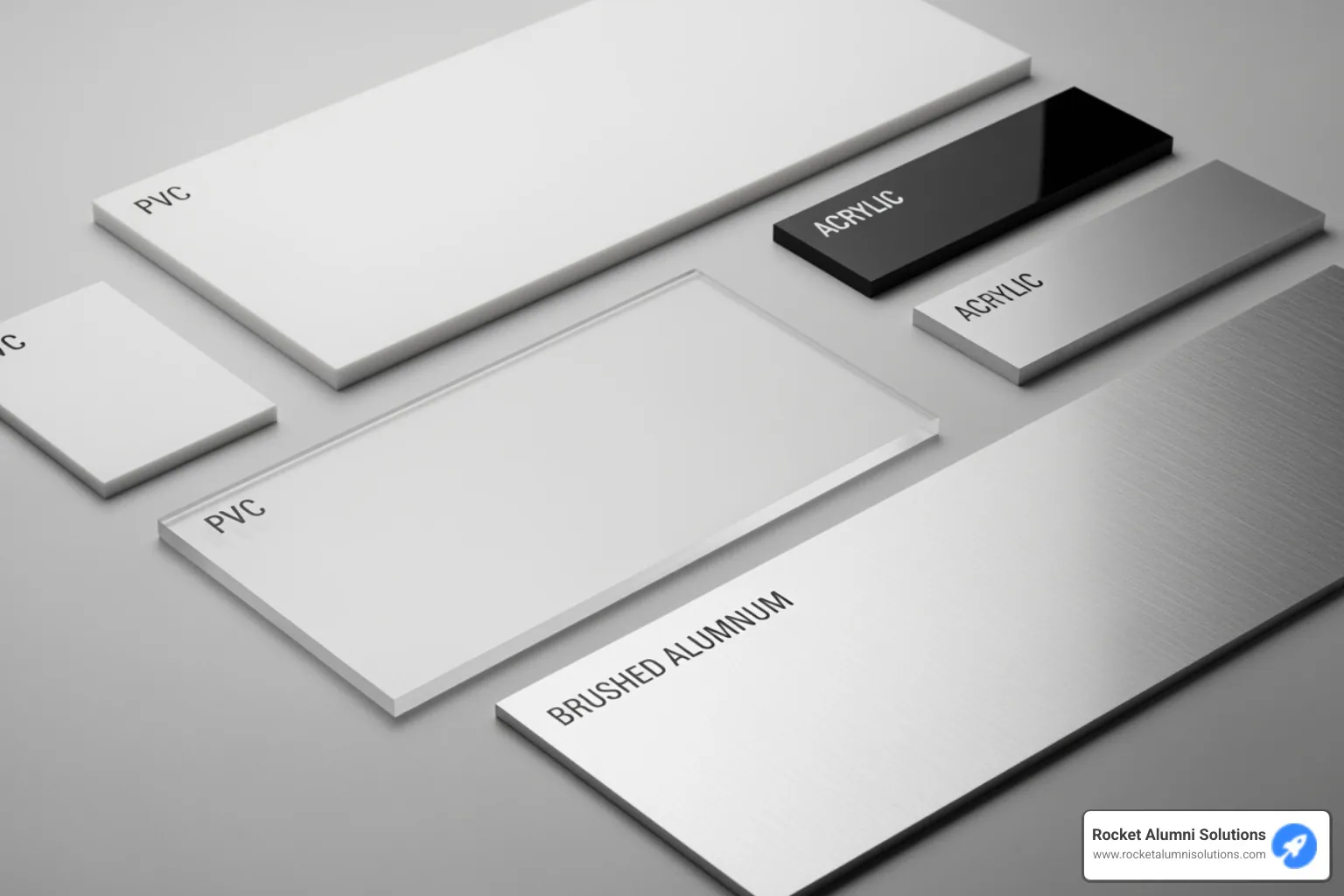 Different material samples like PVC, acrylic, and aluminum for recognition boards - Athletic Achievement Recognition Board