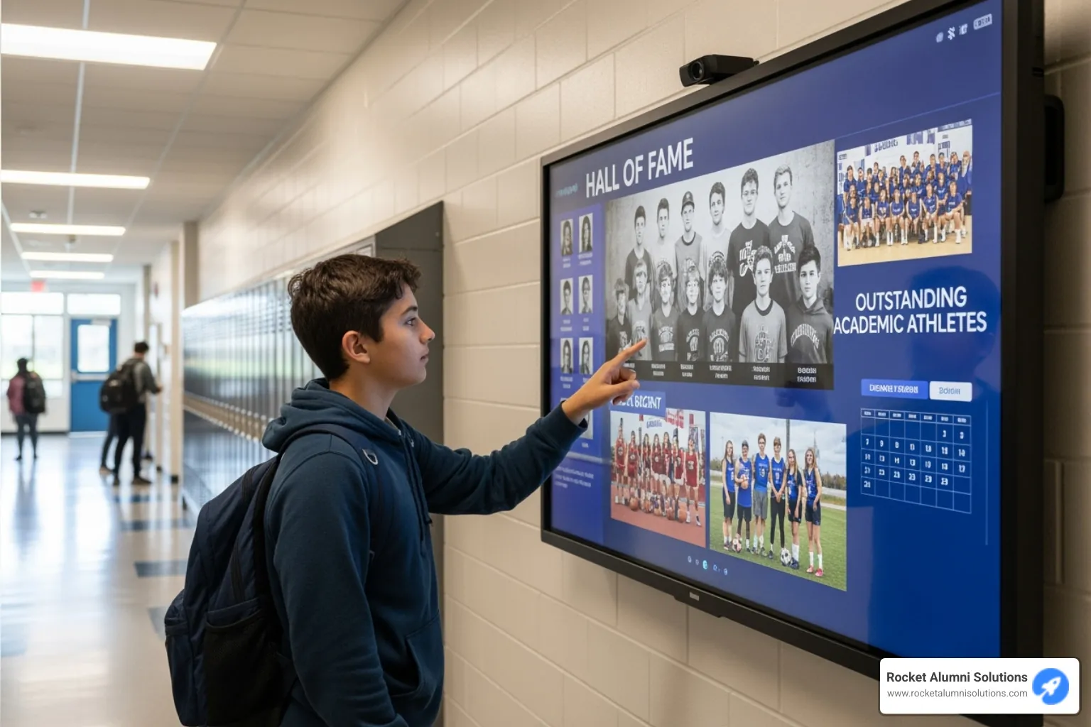 Student interacting with a digital touchscreen hall of fame - Athletic Achievement Recognition Board