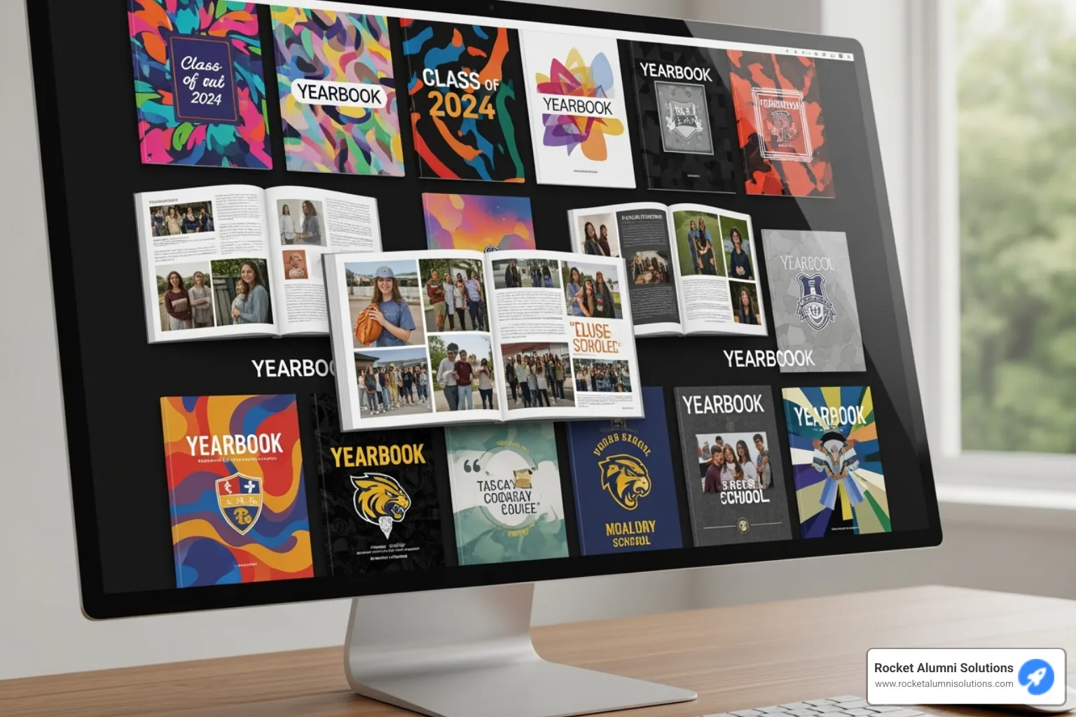 collage of different digital yearbook covers on a computer screen - look up yearbooks free