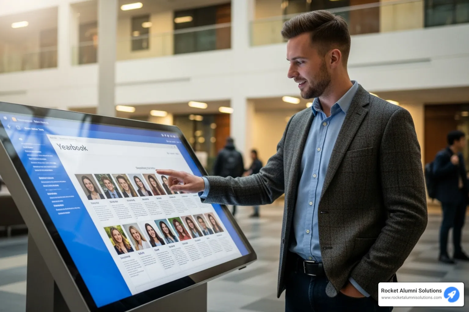 alumnus browsing a digital yearbook on a large touchscreen display - college reunion ideas