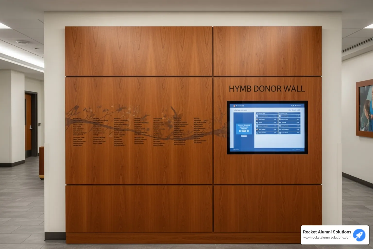hybrid donor wall featuring a wooden backer with an integrated touchscreen - Donor Highlight Board hybrid donor wall featuring a wooden backer with an integrated touchscreen - Donor Highlight Board
