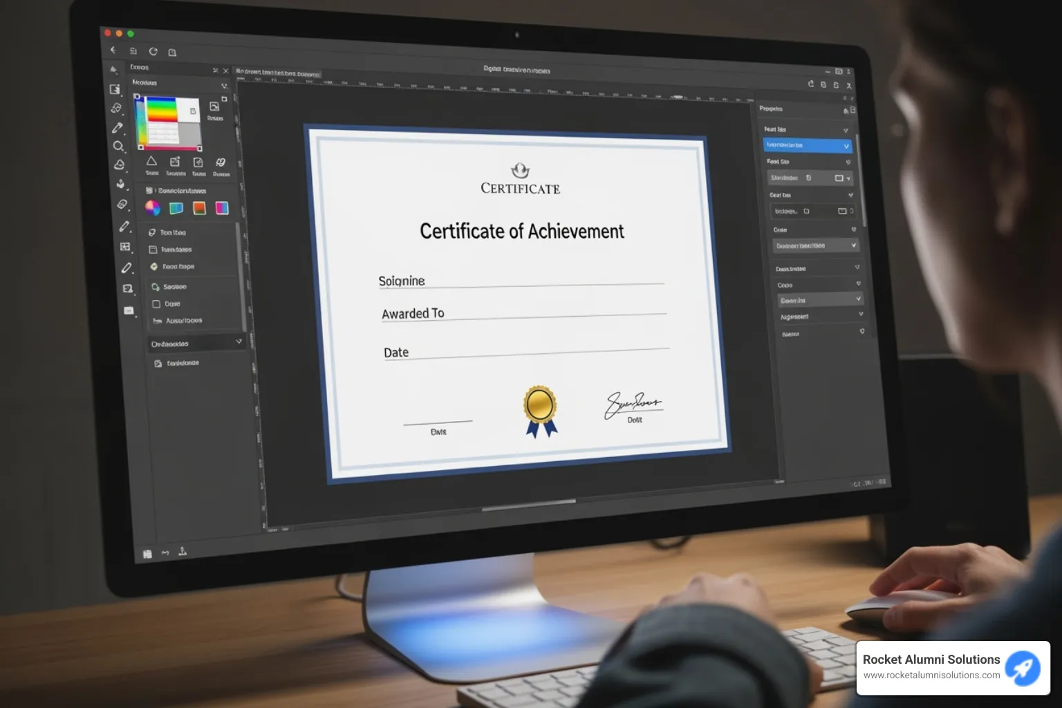 user customizing a certificate using Rocket Alumni Solutions' platform - certificate of completion