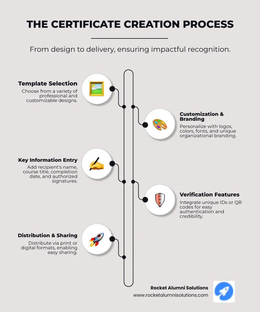 Infographic showing the complete certificate creation process from template selection through customization, including key elements like recipient name, course details, date, signature, and verification features, plus distribution options for both print and digital formats - certificate of completion infographic infographic-line-5-steps-neat_beige