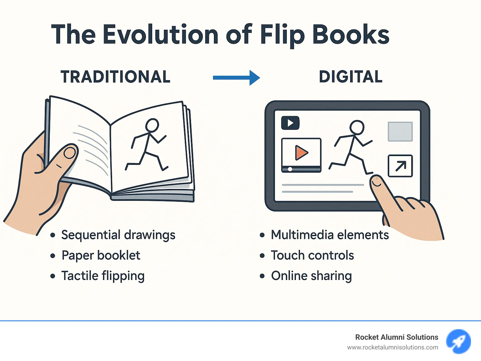 Infographic showing the evolution of flip books from traditional paper booklets with sequential drawings to modern digital interactive experiences with multimedia elements, touch controls, and online sharing capabilities - animated flip book infographic Infographic showing the evolution of flip books from traditional paper booklets with sequential drawings to modern digital interactive experiences with multimedia elements, touch controls, and online sharing capabilities - animated flip book infographic