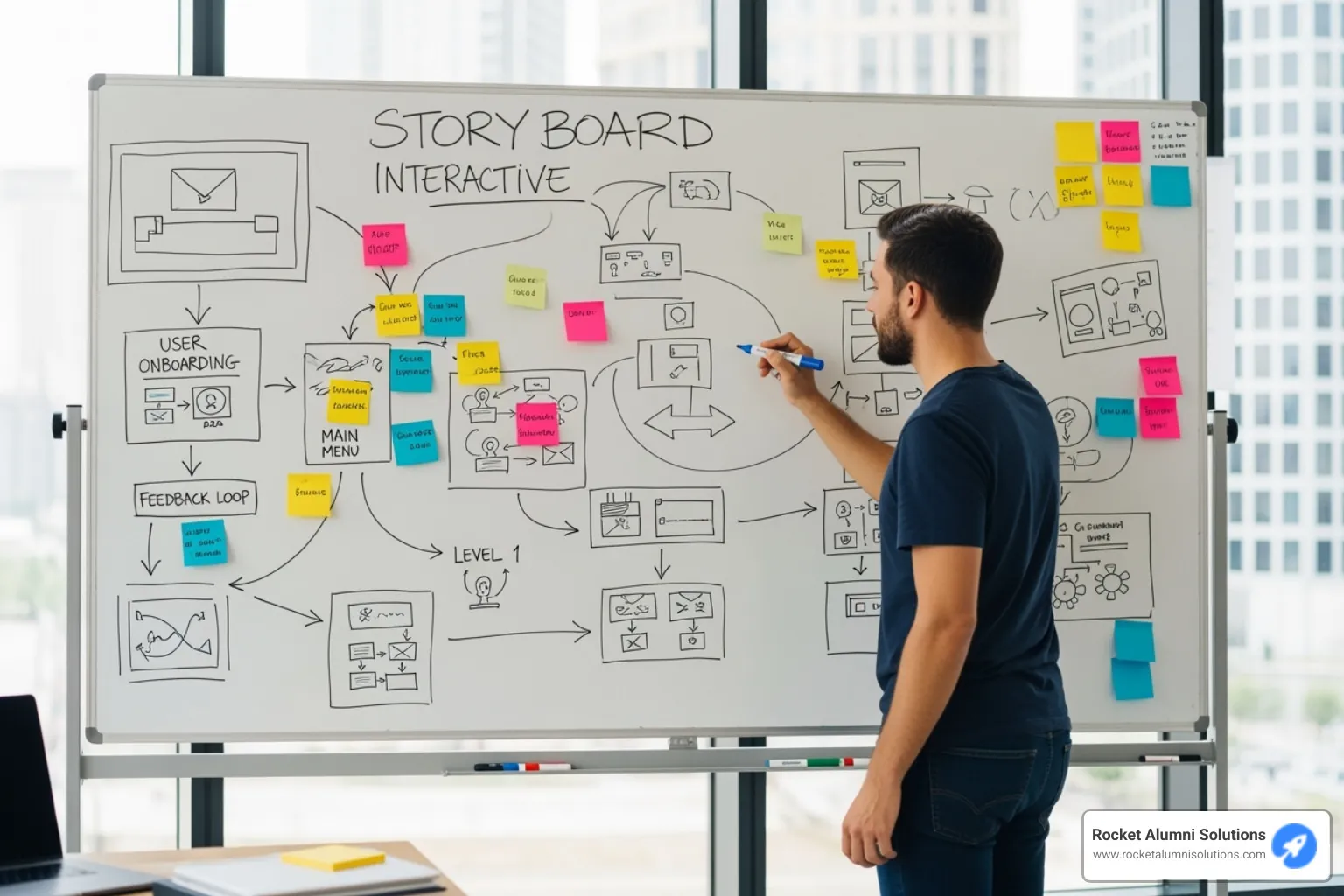 Person storyboarding an interactive project on a whiteboard, surrounded by sticky notes with ideas and flowcharts - Interactive media content