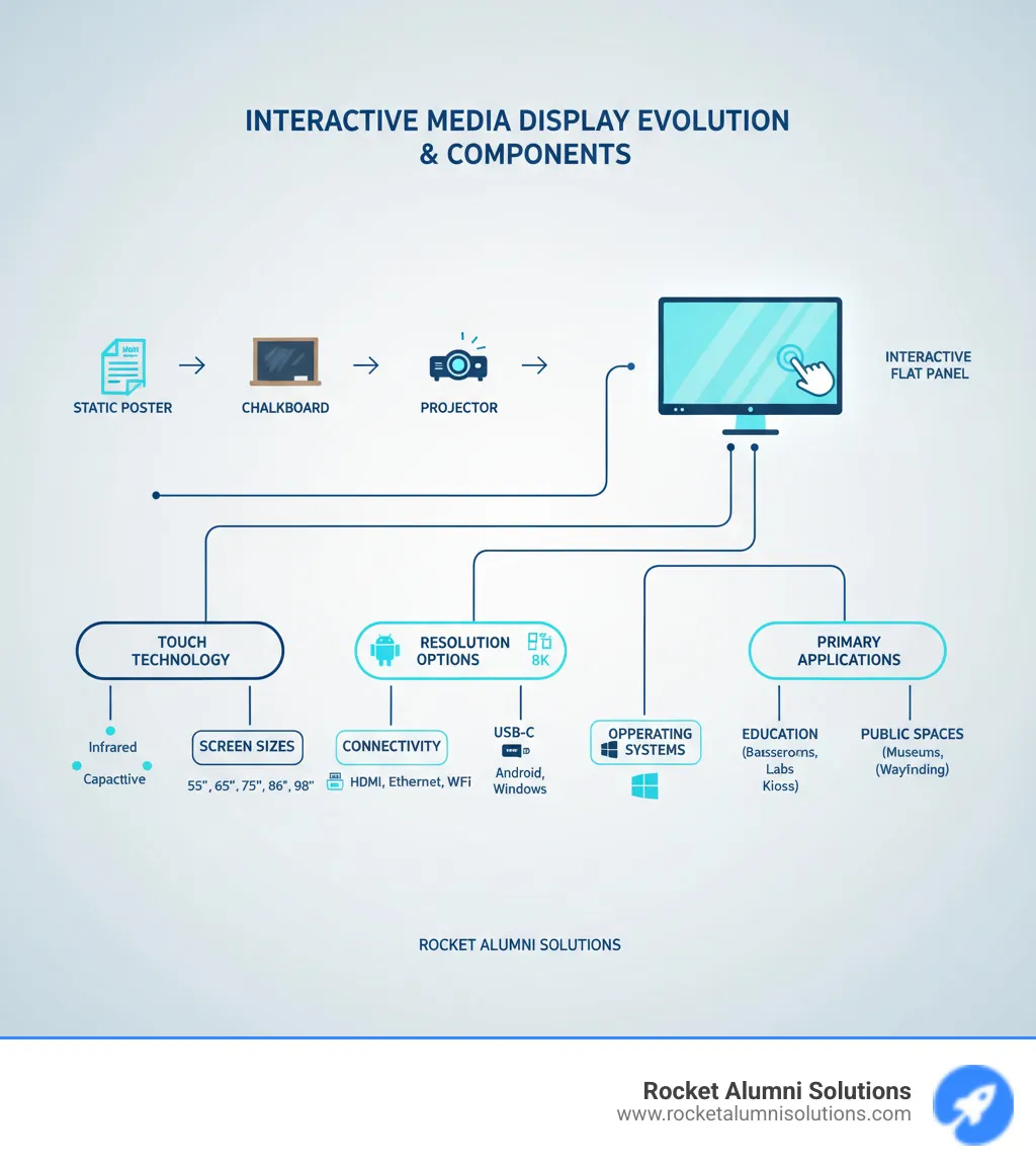 Interactive Media Display Evolution and Key Components - infographic showing the progression from static posters to chalkboards to projectors to interactive flat panels, with branches showing key features like touch technology types, screen sizes, resolution options, connectivity ports, operating systems, and primary applications in education, business, and public spaces - Interactive Media Display infographic