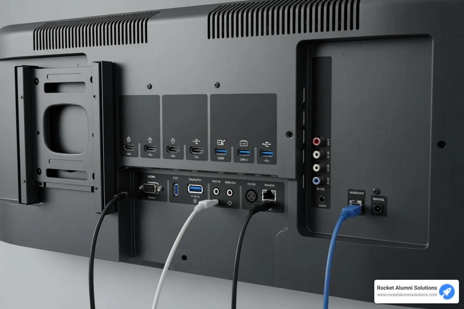 the back of an interactive display highlighting various ports like HDMI, USB-C, and Ethernet - Interactive Media Display