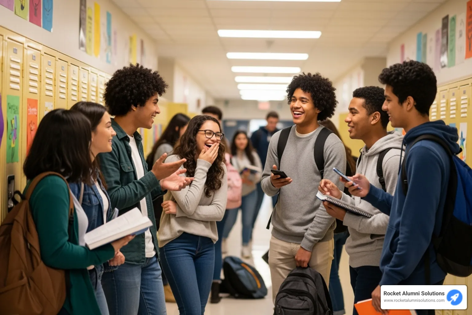 Students laughing and talking in a busy school hallway - Yearbook memories ideas Students laughing and talking in a busy school hallway - Yearbook memories ideas