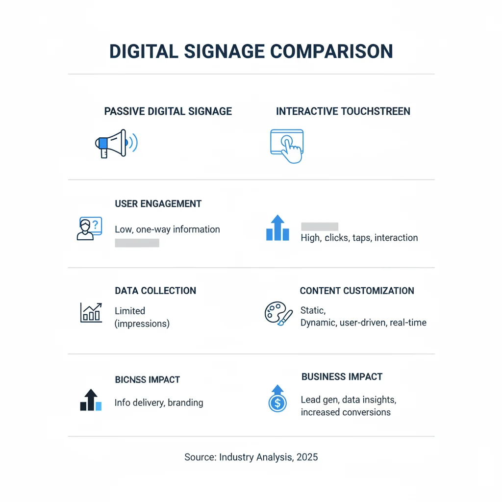 infographic comparing passive digital signage versus interactive touchscreen software showing user engagement levels, data collection capabilities, content customization options, and business impact metrics - Interactive Touchscreen Software infographic infographic comparing passive digital signage versus interactive touchscreen software showing user engagement levels, data collection capabilities, content customization options, and business impact metrics - Interactive Touchscreen Software infographic